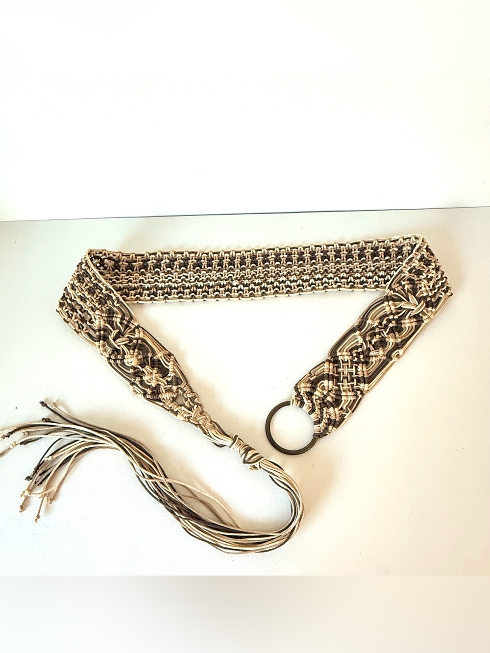 Boho Handwoven Beige and Brown Macramé Belt with O Ring Closure